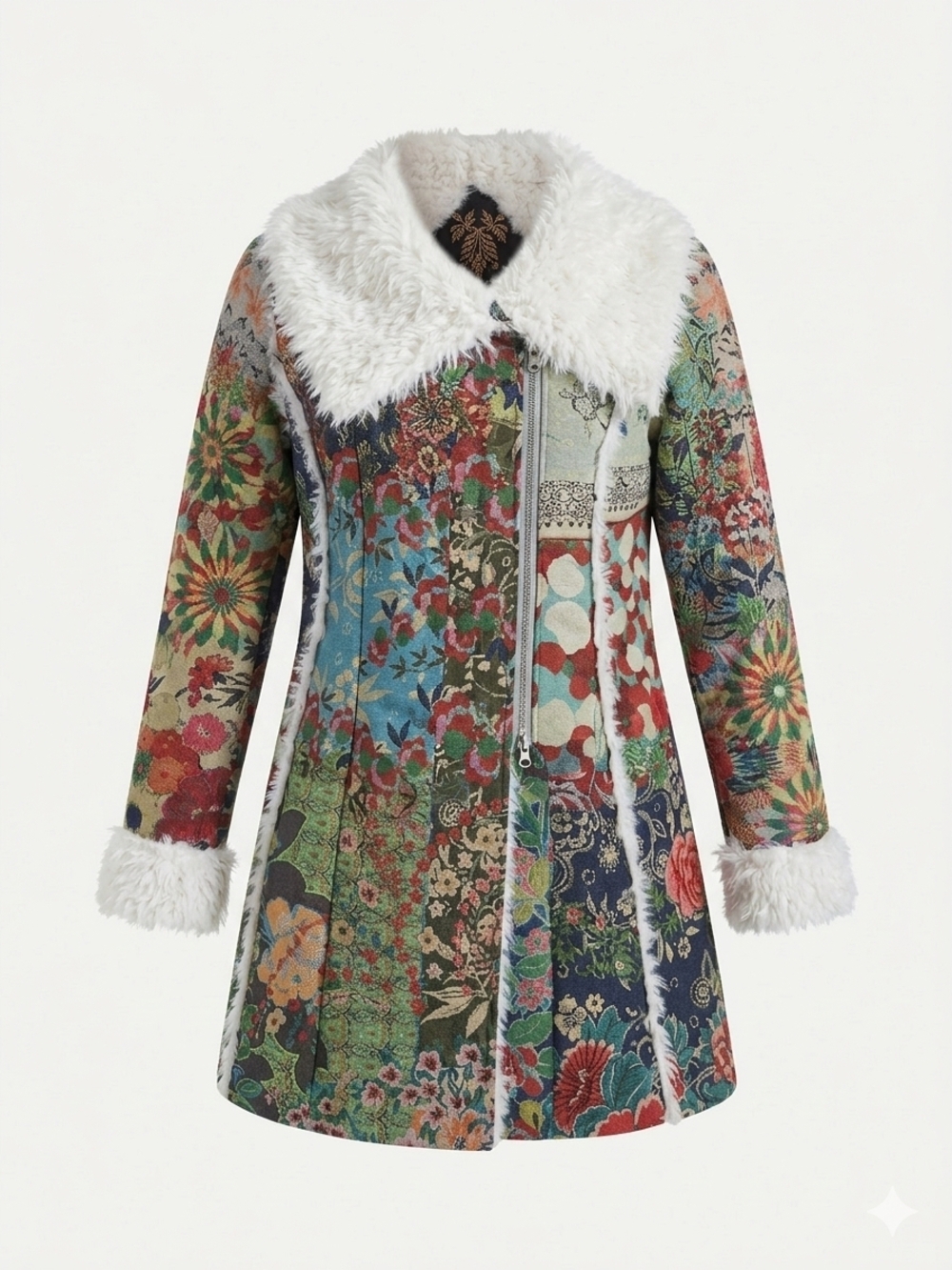 Johnny Was Multicolor Floral Patchwork White Faux-Fur Trim Trench Coat XS